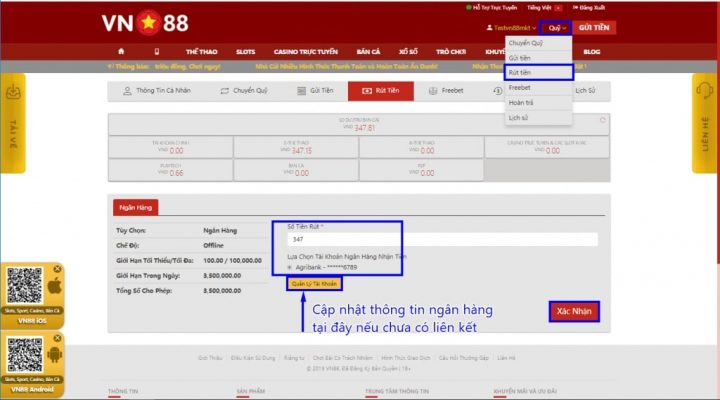 Dien thong tin rut tien tai Vn88