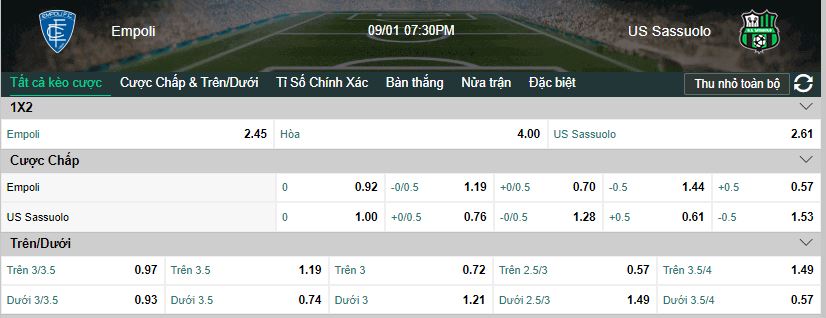 Soi keo tai xiu Empoli vs Sassuolo