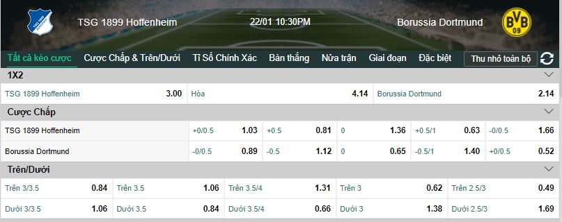 Soi keo nha cai Hoffenheim vs Dortmund
